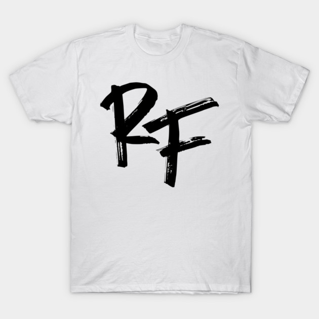 RF Roger Federer t-shirt with bold interlocking RF-inspired text design honoring the Swiss tennis legend and GOAT